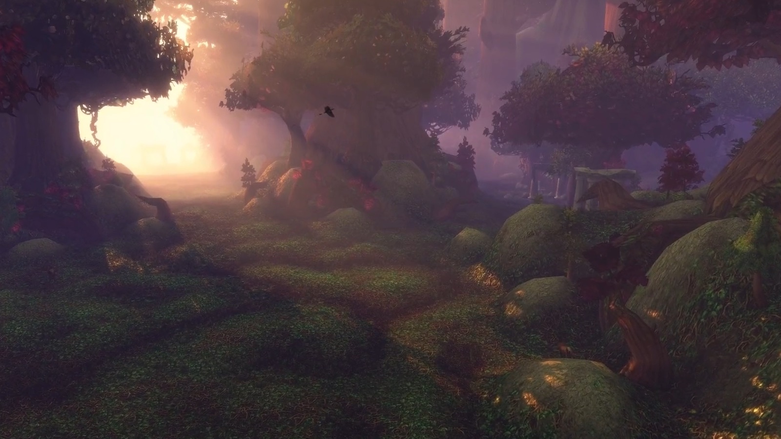 Ashenvale — Ashenvale path: Classic's flat purple haze versus Forever's god rays and volumetric fog. — Forever
