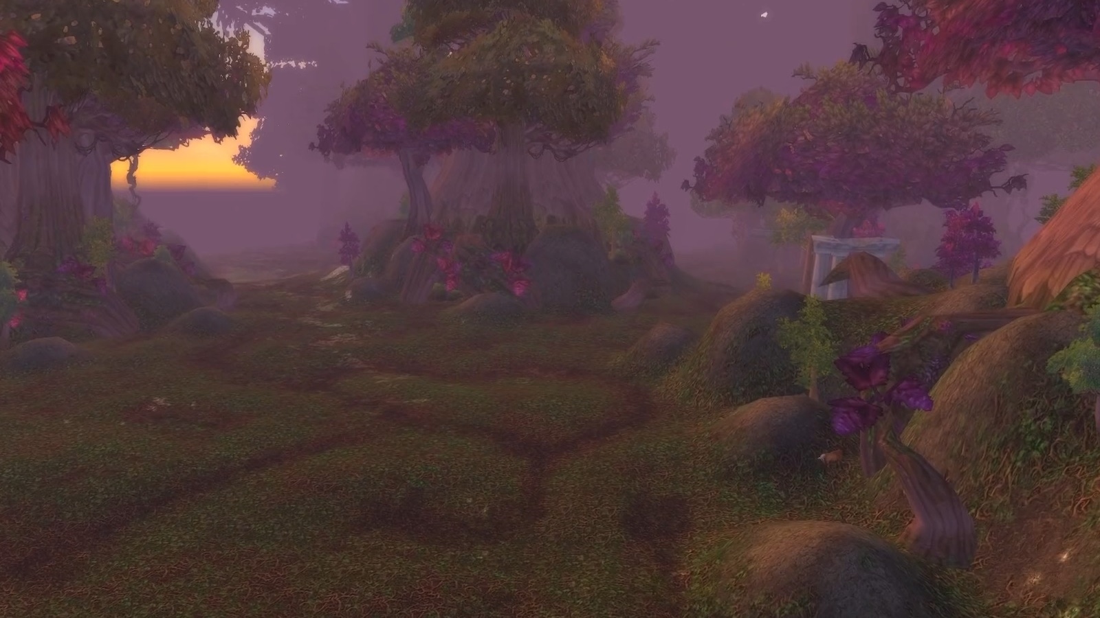 Ashenvale — Ashenvale path: Classic's flat purple haze versus Forever's god rays and volumetric fog. — Classic