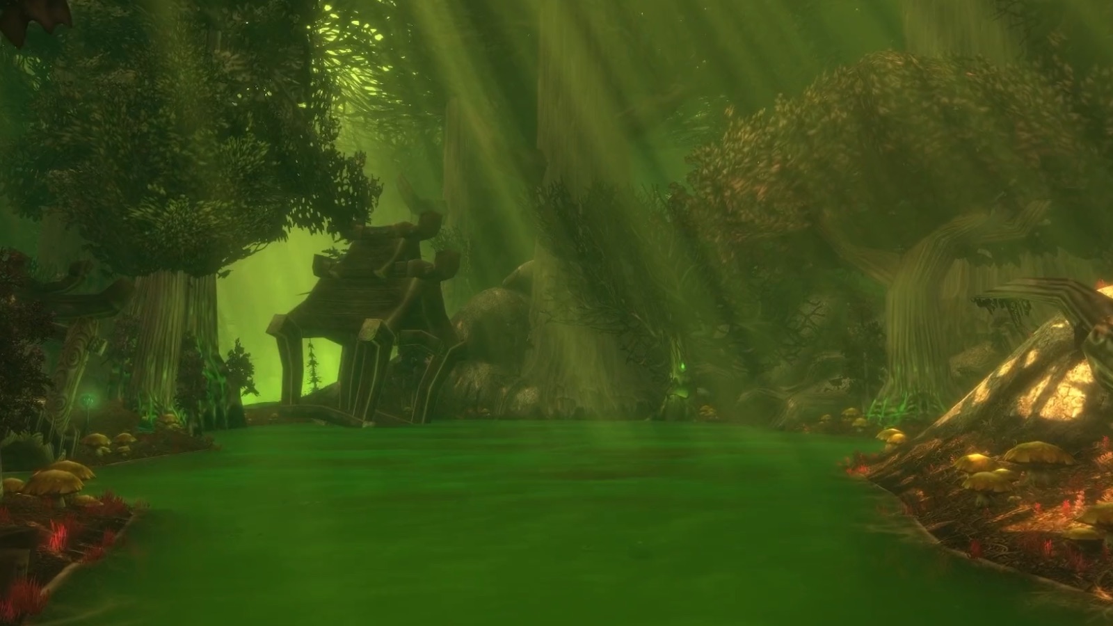 Felwood — Felwood fel pool: Classic's saturated green softened by fog and sunbeams. — Forever