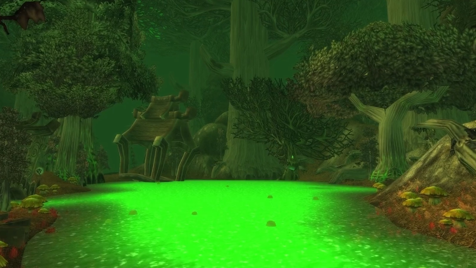 Felwood — Felwood fel pool: Classic's saturated green softened by fog and sunbeams. — Classic