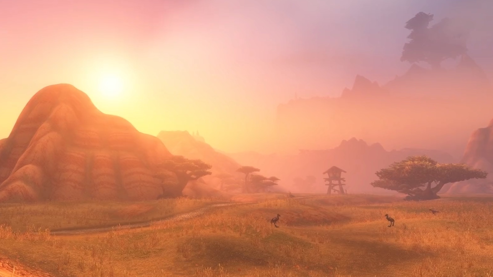 The Barrens — Barrens savanna with a watchtower: Classic's flat blue sky versus Forever's light and haze. — Forever