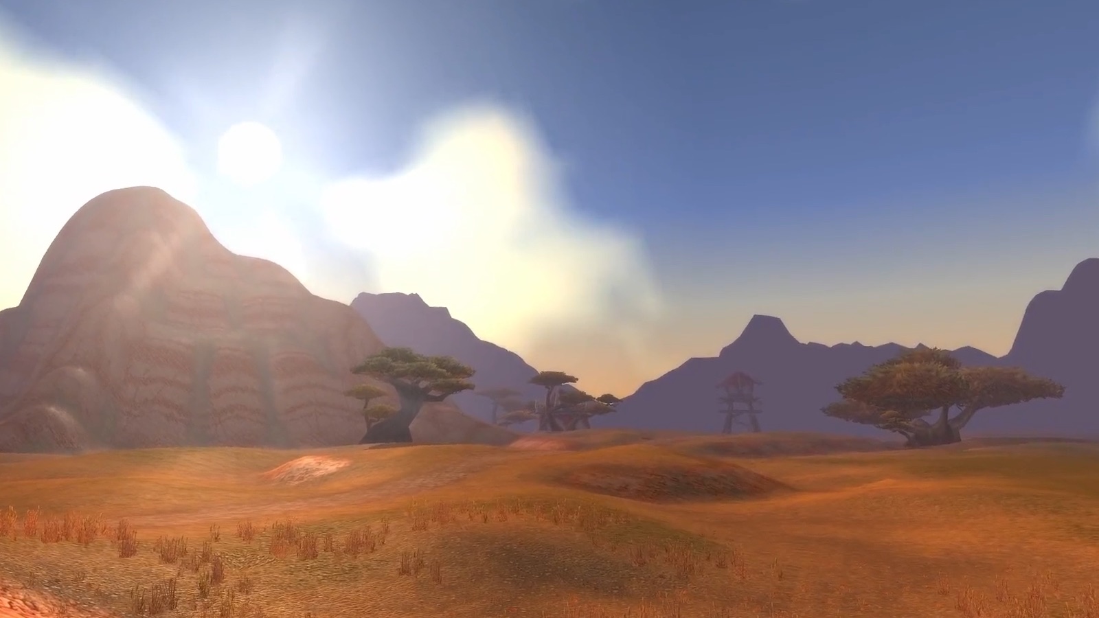The Barrens — Barrens savanna with a watchtower: Classic's flat blue sky versus Forever's light and haze. — Classic